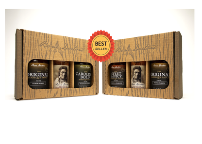 Two gift sets of barbecue sauce bottles and spice blend rub with labels and packaging on a white background with best seller badge