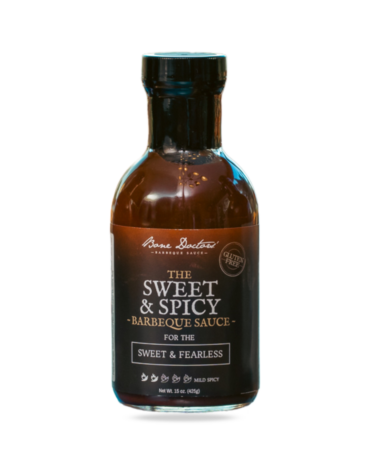 A bottle of Bone Doctors' Sweet & Spicy Barbeque Sauce with a label that includes the product name and the phrase 'For the Sweet & Fearless.'.