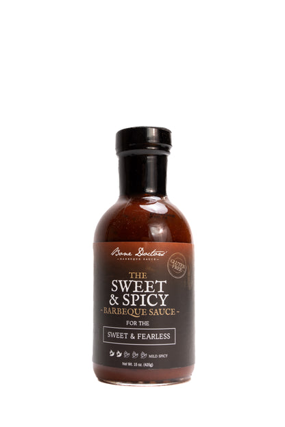 Bottle of tomato-based Sweet & Spicy Barbecue Sauce on a white background